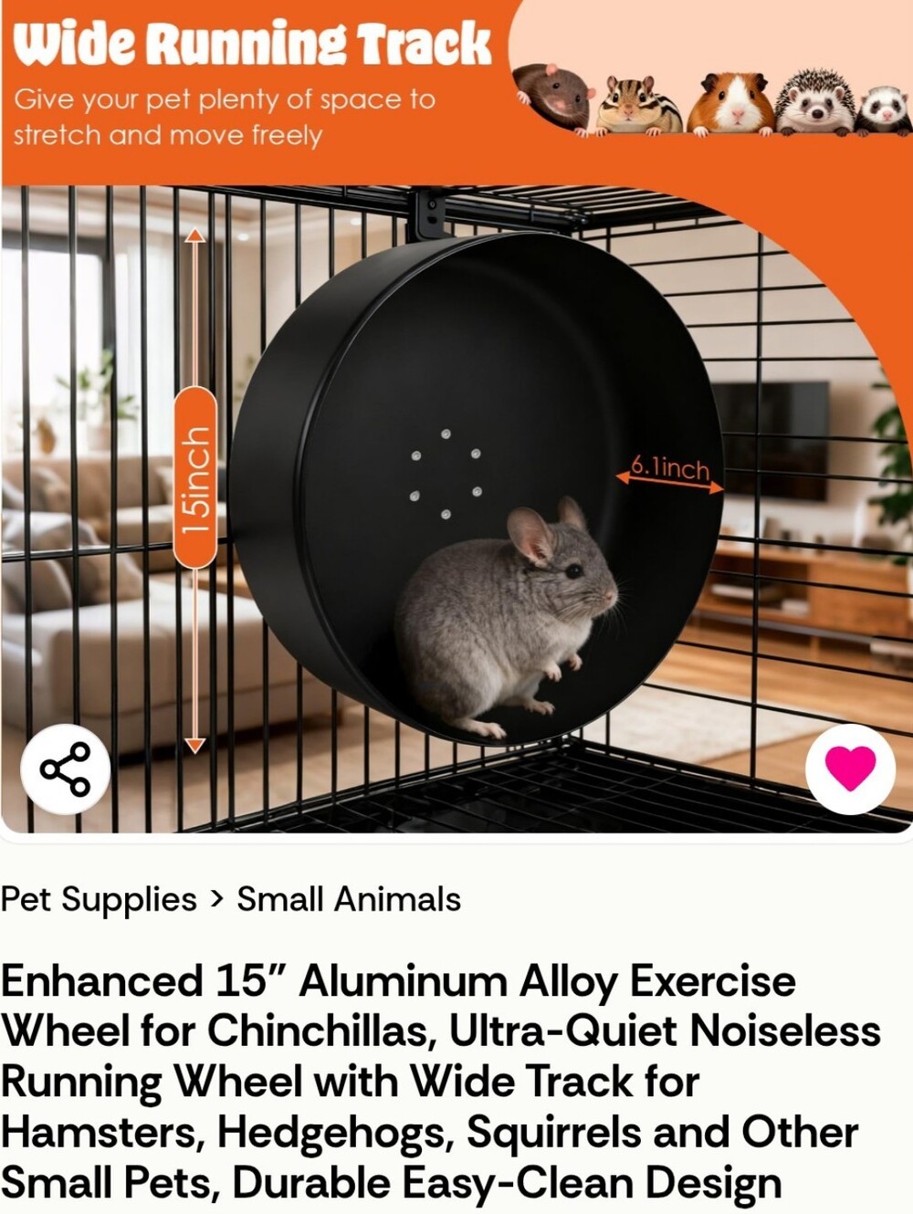 Enhanced 15" Aluminum Alloy Exercise Wheel Chinchillas, hamsters, Ultra-Quiet
